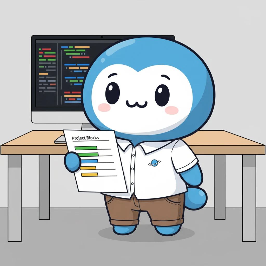 Nova, a cute blue space creature in office clothing, holding a paper with progress reports.