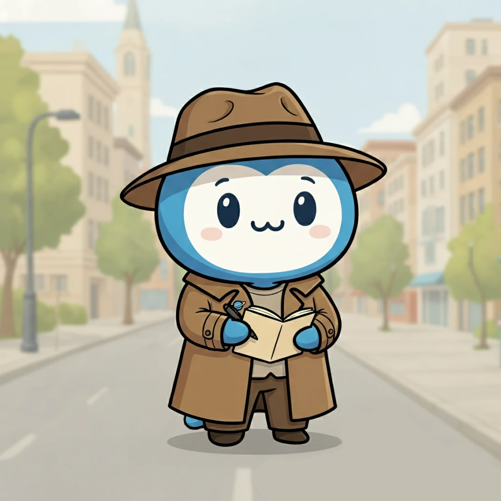 Nova, a cute blue space creature in a trench coat and hat, holding a pen and pad.
