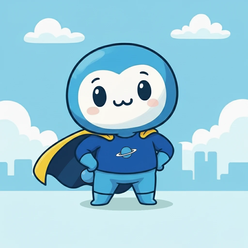 Nova, a cute blue space creature, wearing a superhero costume.