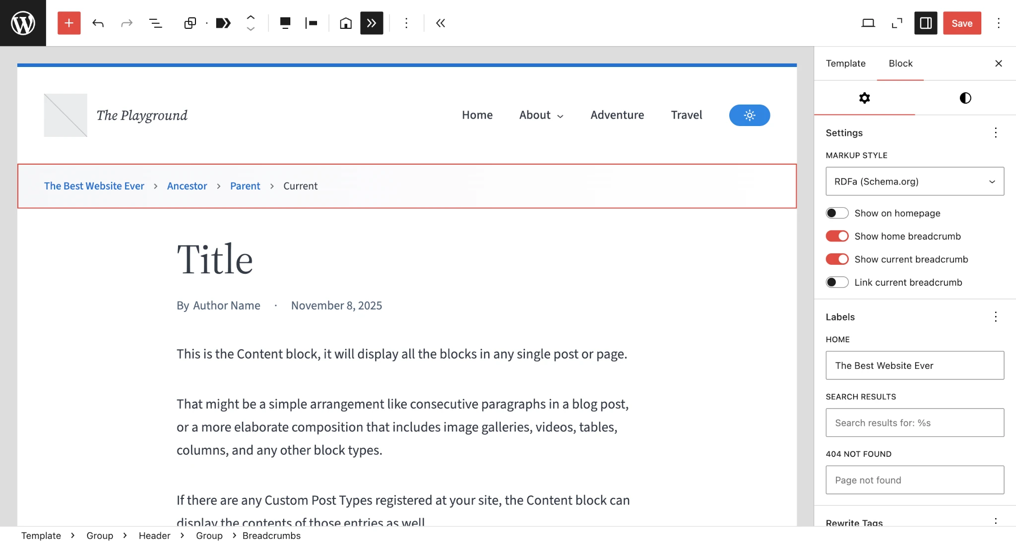 WordPress post editor showing a breadcrumbs block. In the sidebar is a panel for editing text labels.
