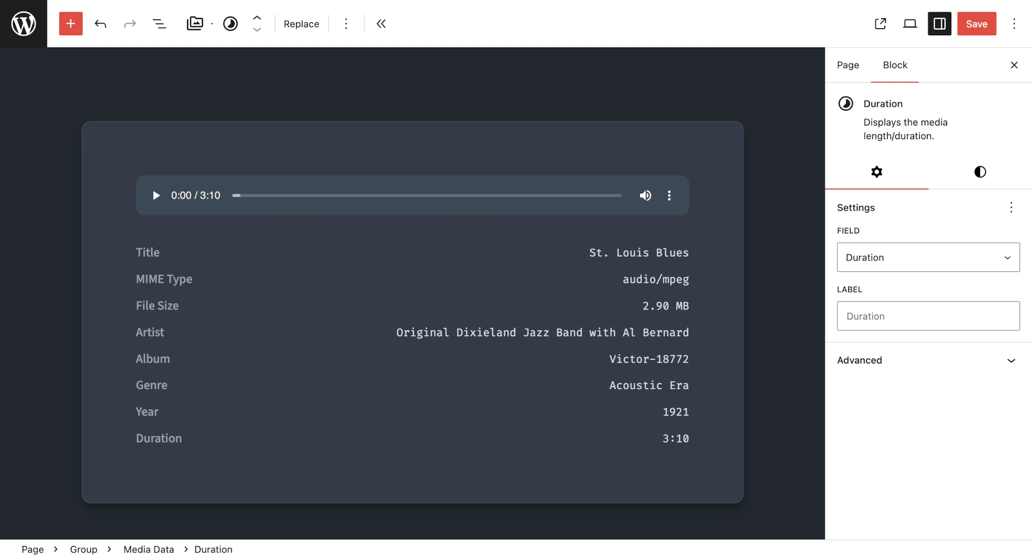 Screenshot of the WordPress block editor showing an audio player and metadata in a list about the audio file.