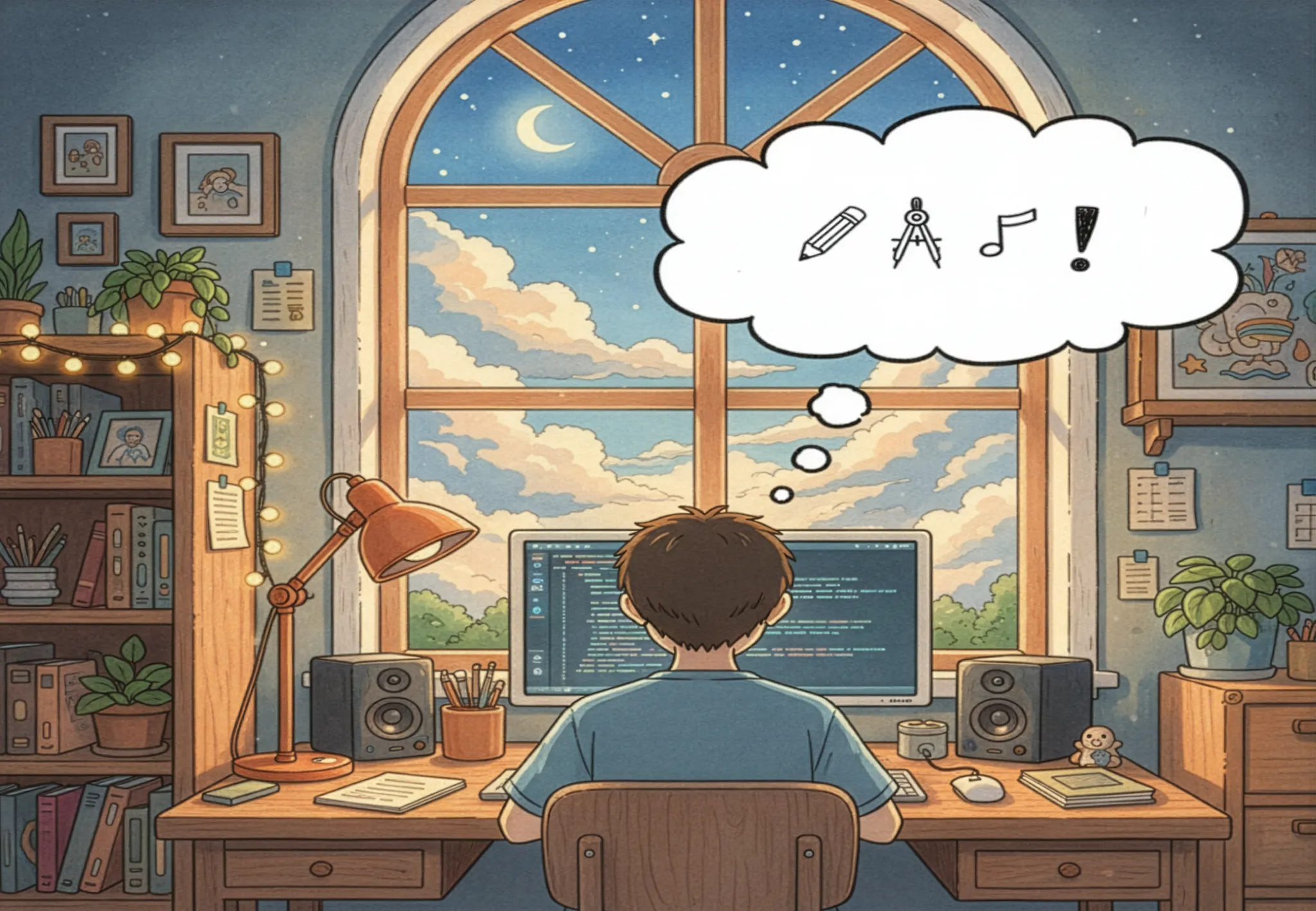 Anime-esque drawing of a teen boy sitting with his back to the viewer, tinkering on a computer at his desk. The night sky is visible through the window.